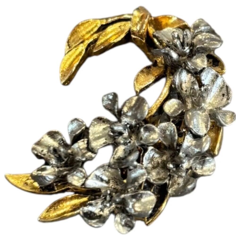 Vintage ART Arthur Pepper Two Tone Floral Spray Brooch Gold Silver Tone